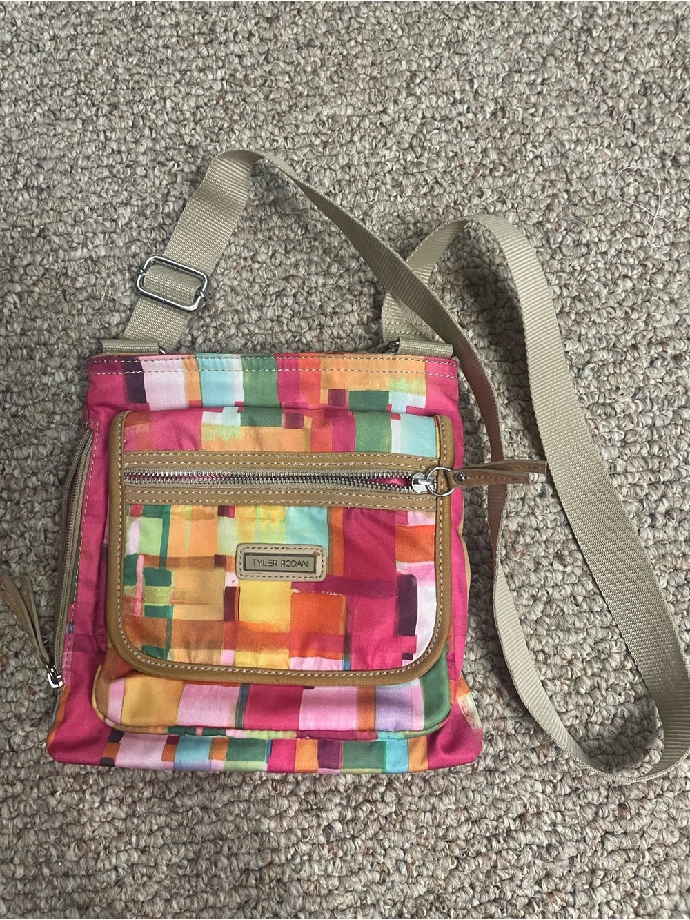 Tyler Rodan Multicolor Patchwork Crossbody Bag with Tan Trim